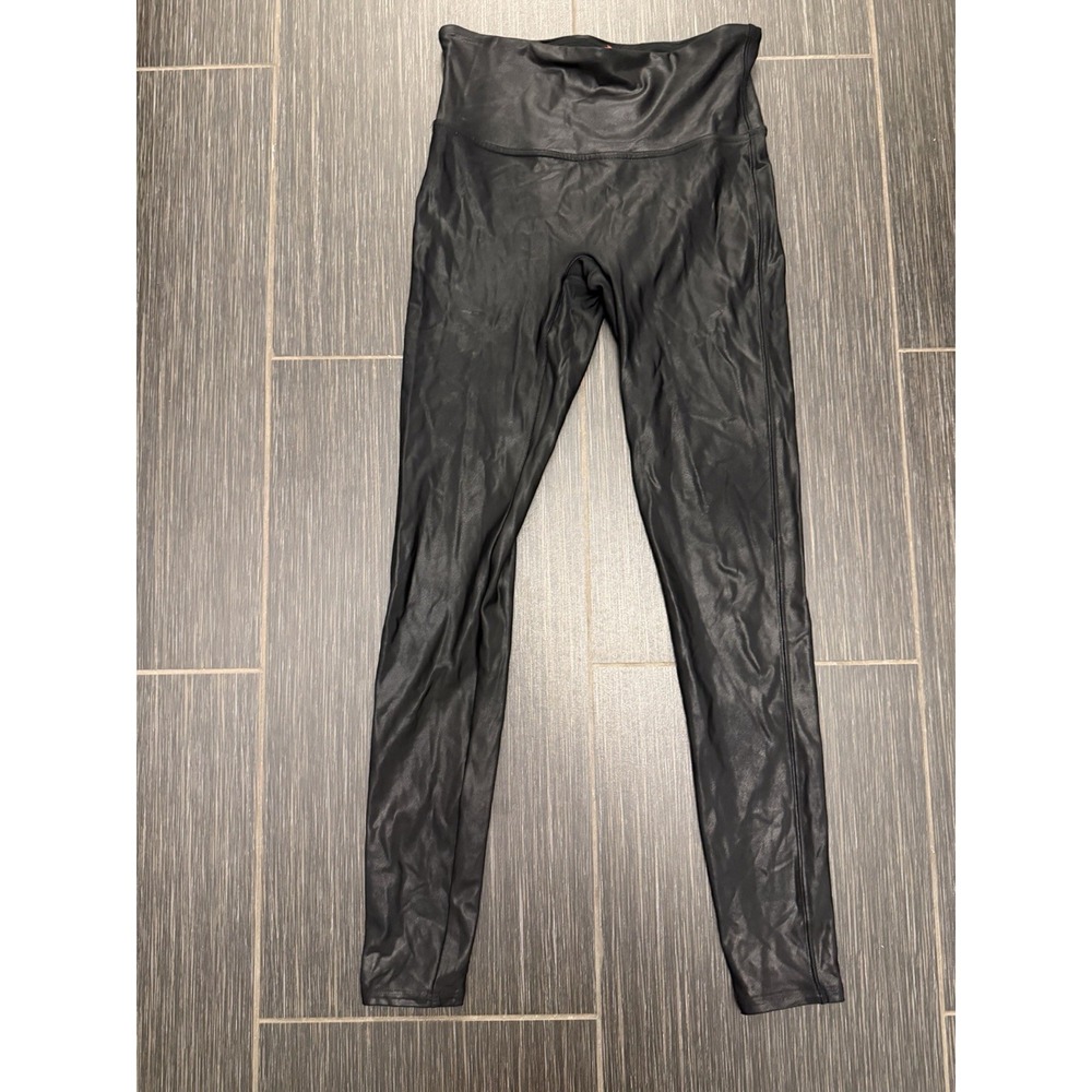 Spanx Faux Leather Leggings Sz S Matte Black Wide Waistband Capsule minimalist
